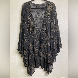 Black Sheer Kimono Cardigan Duster Gold Floral Velvet Burnout Whimsygoth Sz 3X